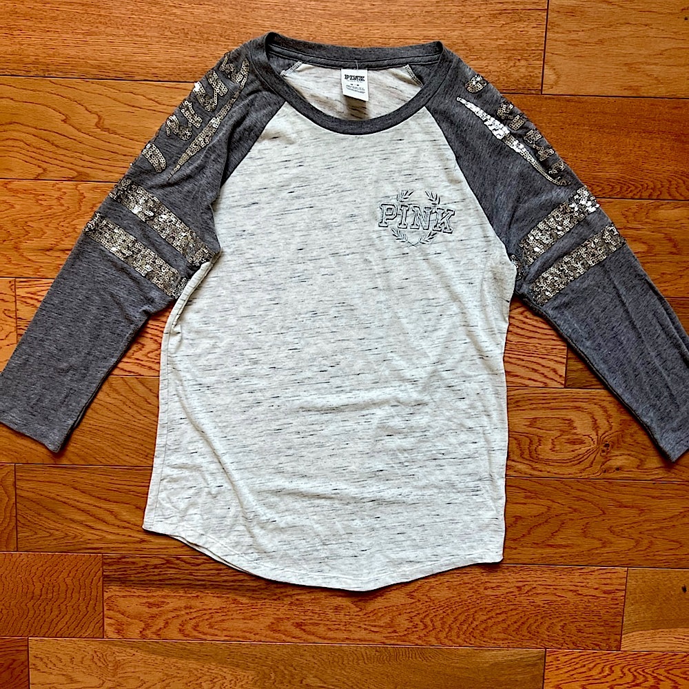 Victoria's Secret PINK sequin sleeve varsity raglan tee size medium